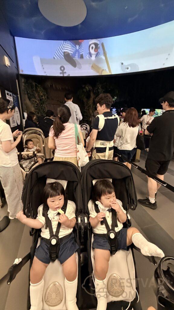 사람으로 가득 찬 롯데월드 아쿠아리움 내부와 유모차에 앉은 쌍둥이