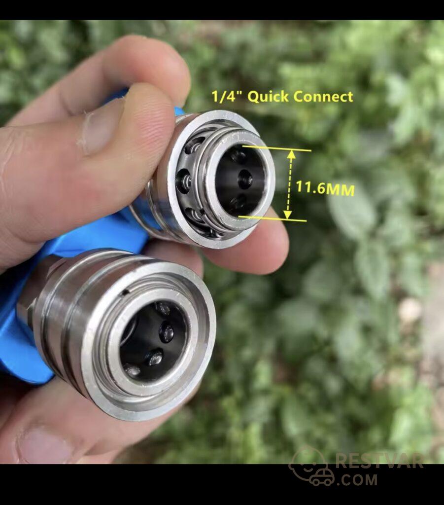 듀얼 노즐 커넥터 클로즈업, 1/4인치 퀵커넥트 11.6mm 규격 표시